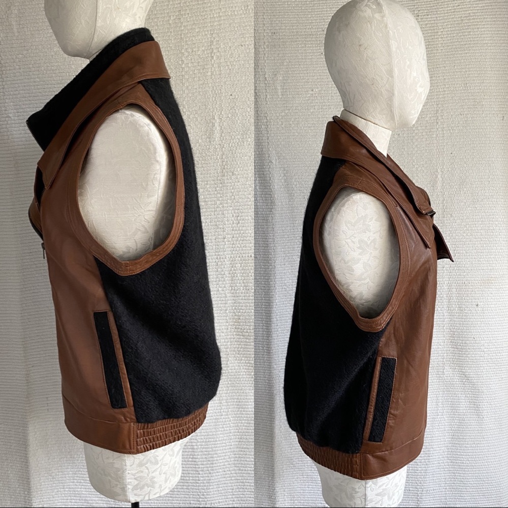 VTG 90s M Leather Wool Sleeveless Moto Jacket Vest - Picture 4 of 8